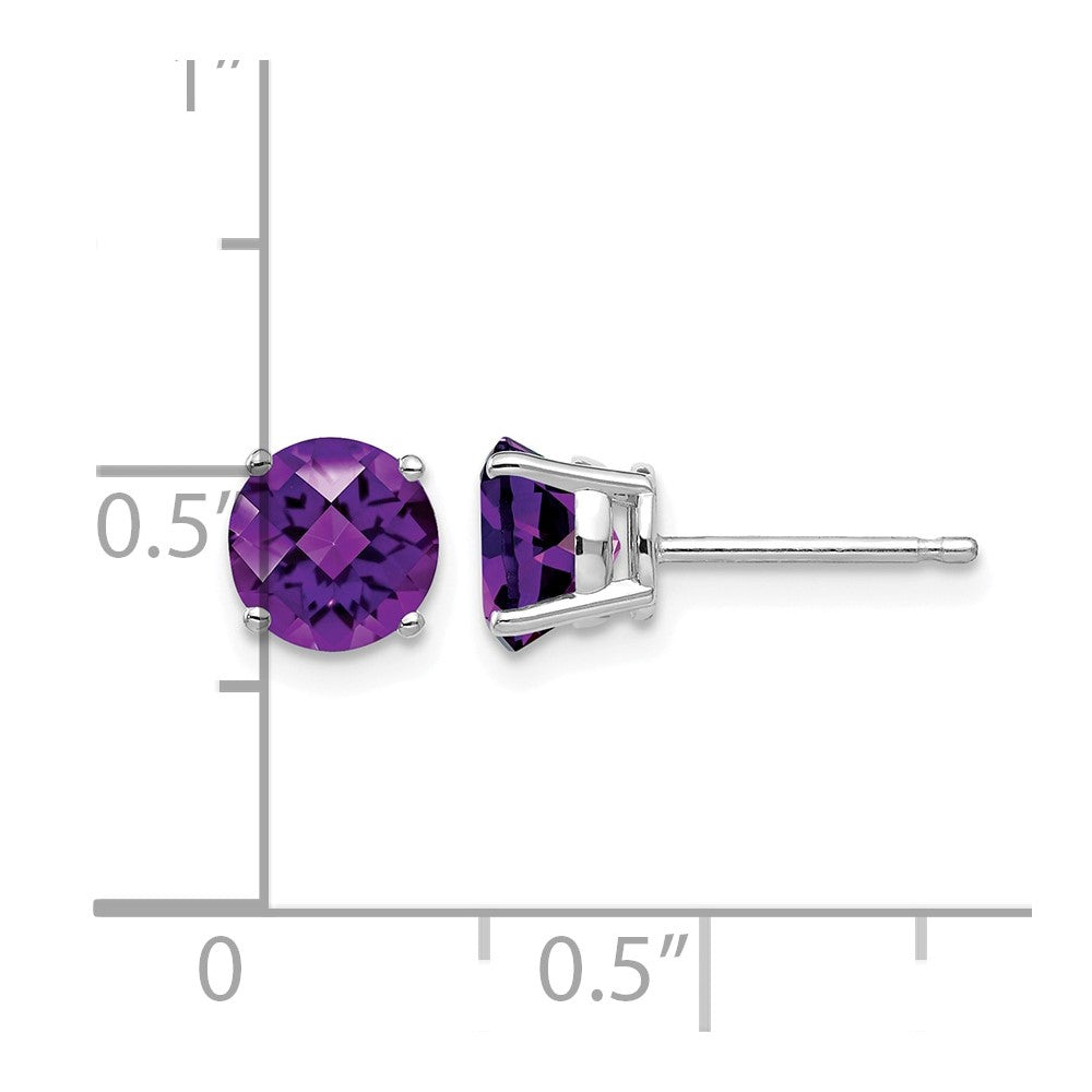 14k White Gold 6mm Round Checker-cut Amethyst Post Earrings