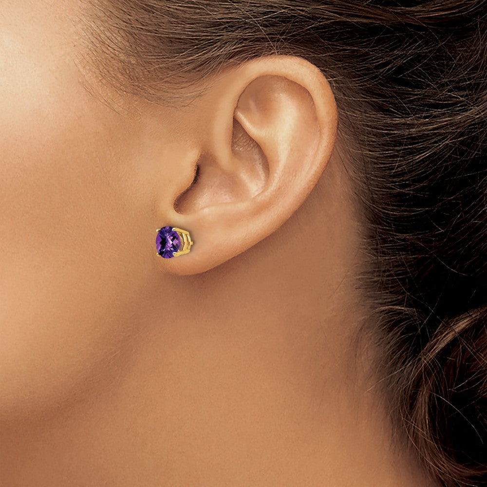 14k 7mm Round Checker-cut Amethyst Post Earrings
