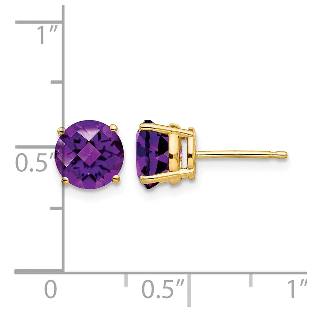 14k 7mm Round Checker-cut Amethyst Post Earrings