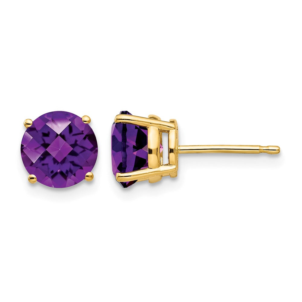 14k 7mm Round Checker-cut Amethyst Post Earrings