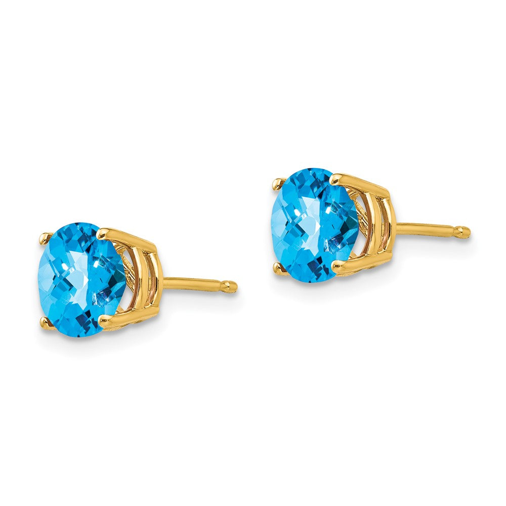 14k 7mm Round Checker-cut Blue Topaz Post Earrings