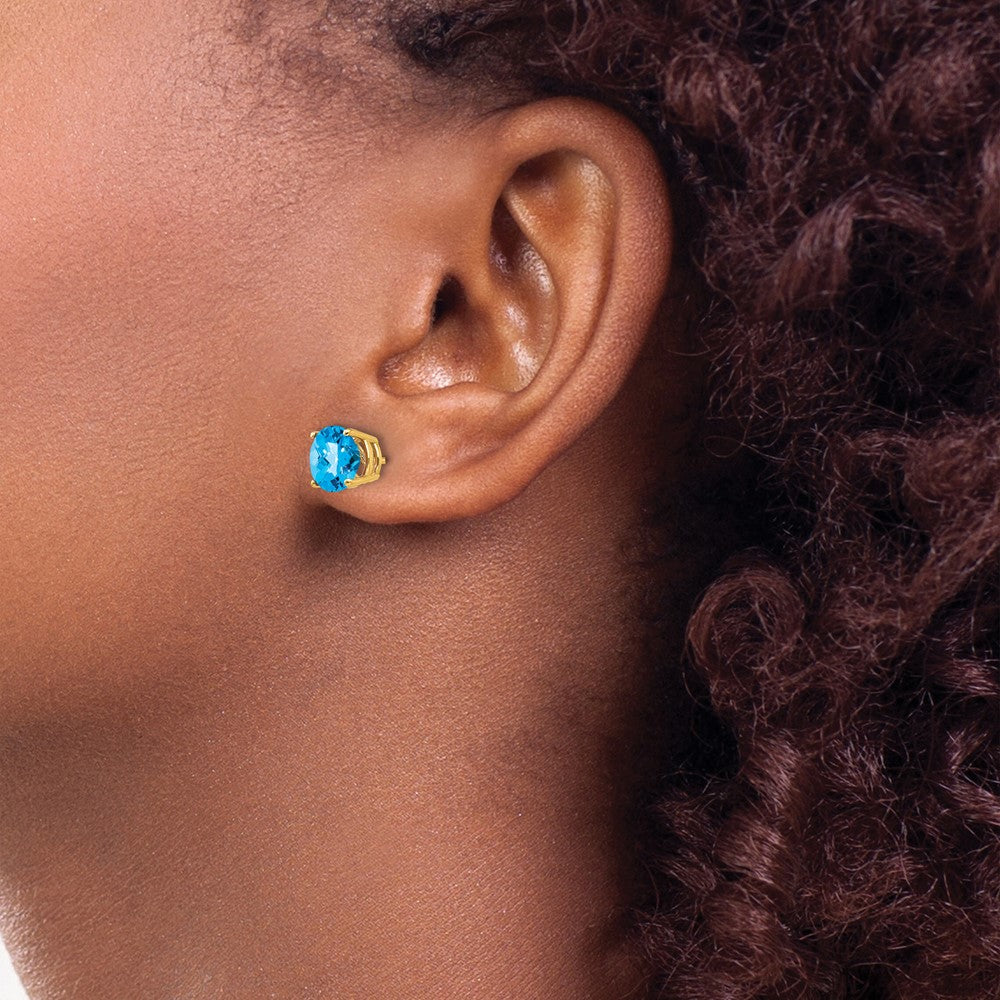 14k 7mm Round Checker-cut Blue Topaz Post Earrings