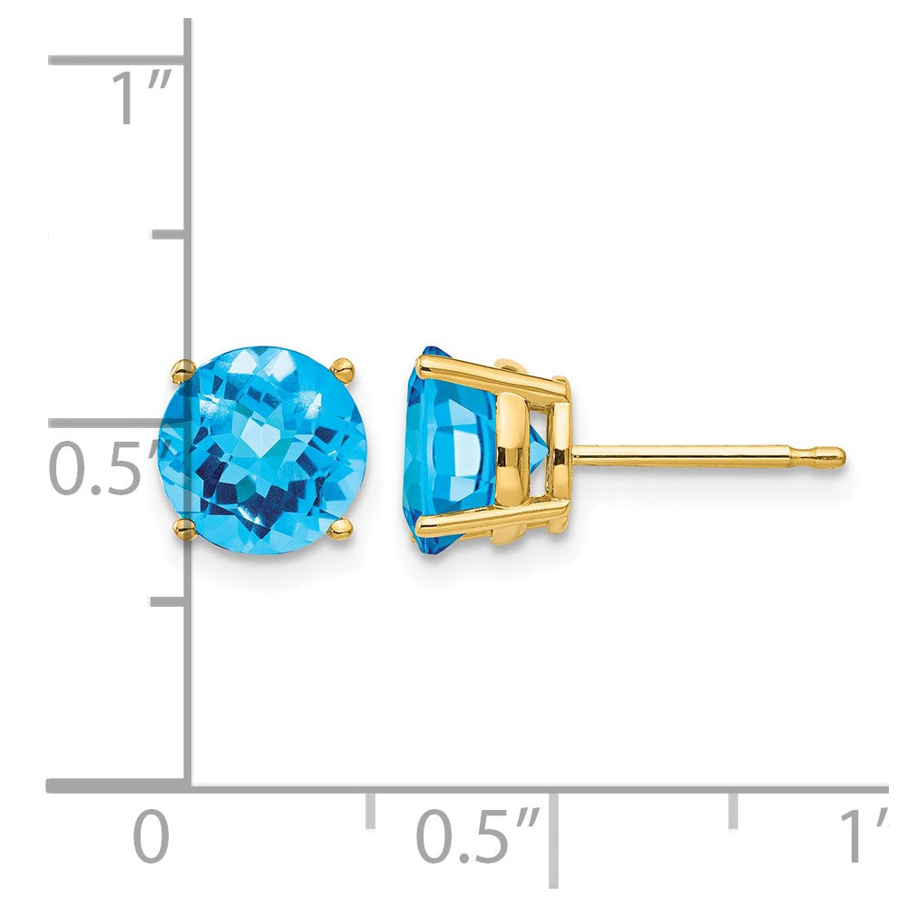 14k 7mm Round Checker-cut Blue Topaz Post Earrings