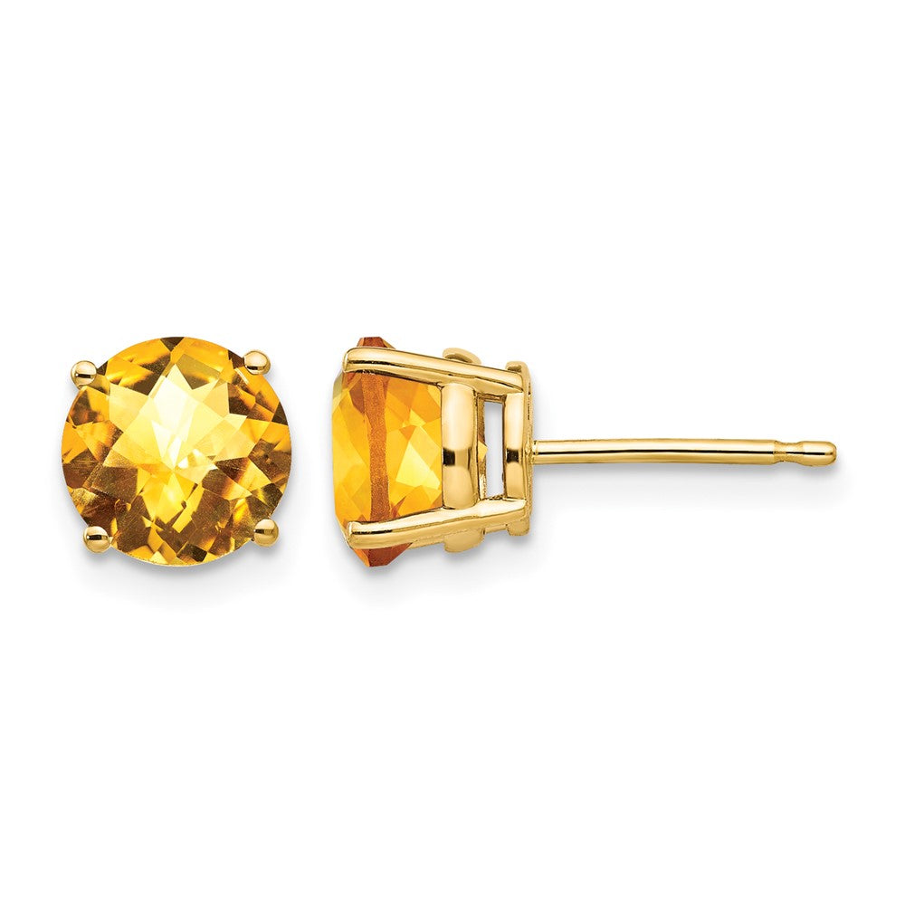 14k 7mm Round Checker-cut Citrine Post Earrings