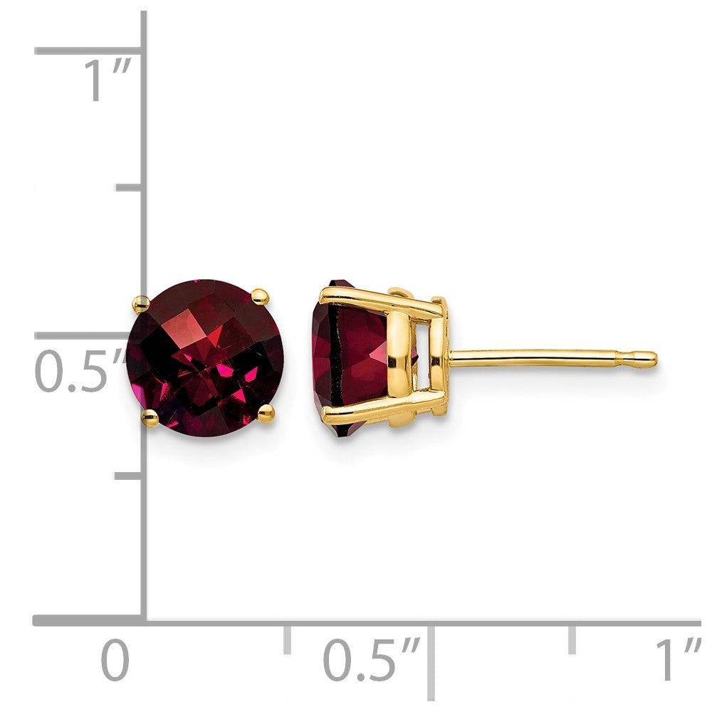 14k 7mm Round Checker-cut Garnet Post Earrings