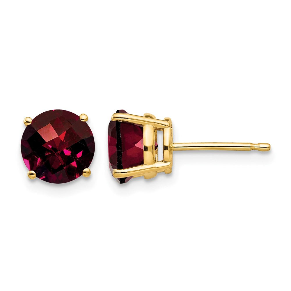 14k 7mm Round Checker-cut Garnet Post Earrings