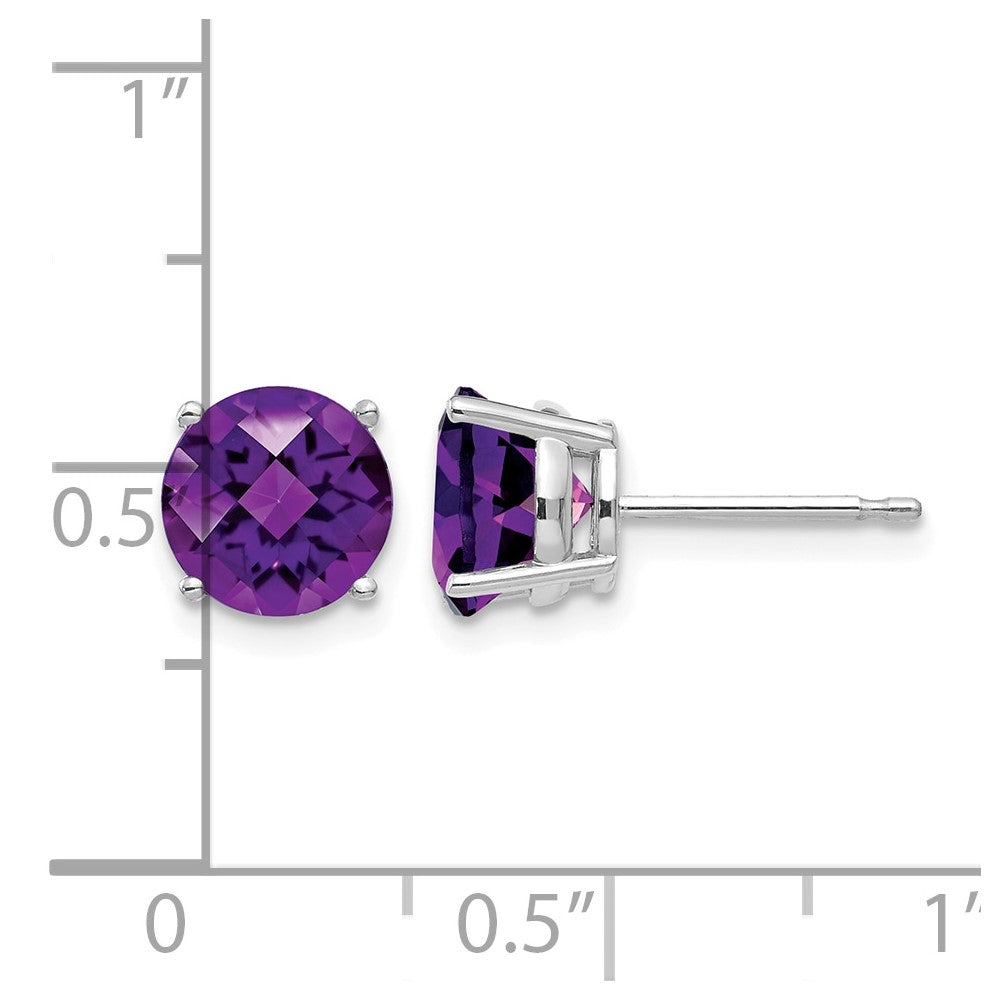 14k White Gold 7mm Round Checker-cut Amethyst Post Earrings