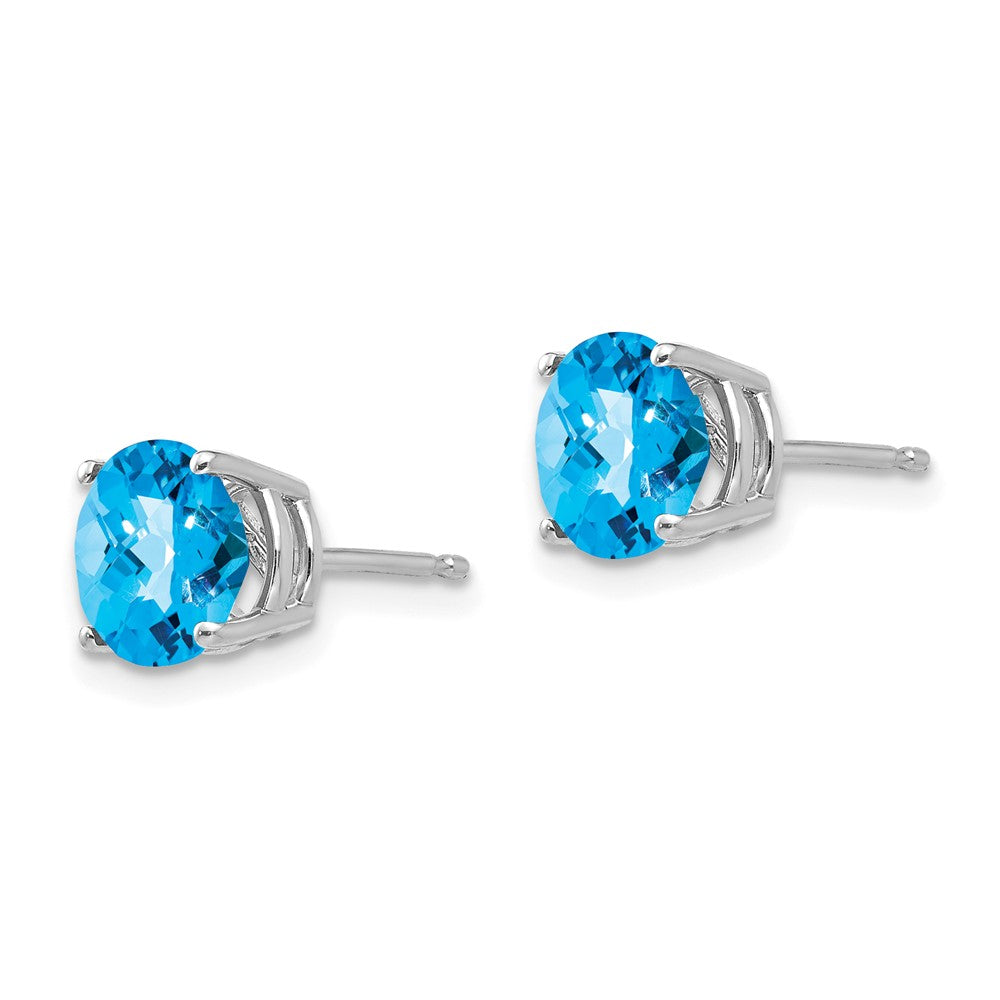 14k White Gold 7mm Round Checker-cut Blue Topaz Post Earrings