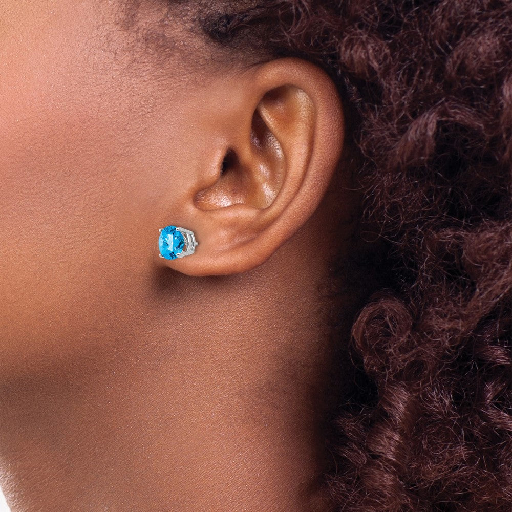 14k White Gold 7mm Round Checker-cut Blue Topaz Post Earrings