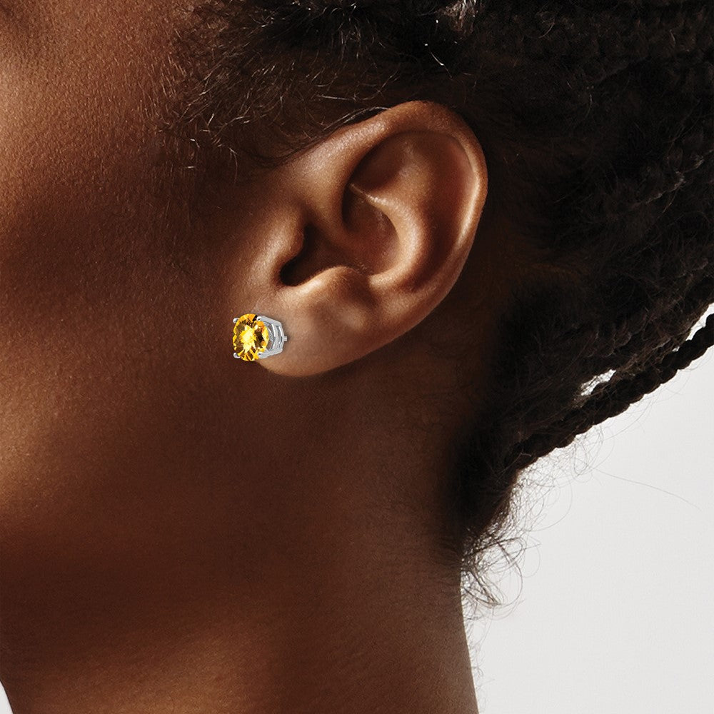 14k White Gold 7mm Round Checker-cut Citrine Post Earrings