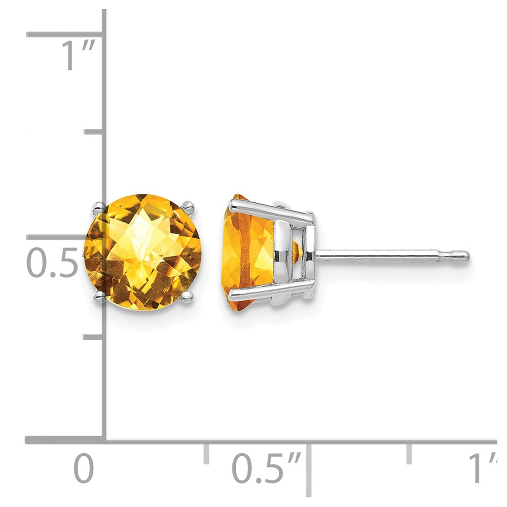14k White Gold 7mm Round Checker-cut Citrine Post Earrings