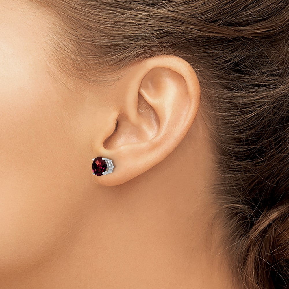 14k White Gold 7mm Round Checker-cut Garnet Post Earrings