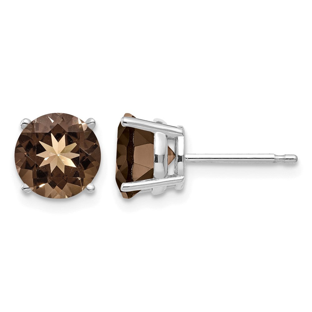 14k White Gold 7mm Round Smoky Quartz Post Earrings