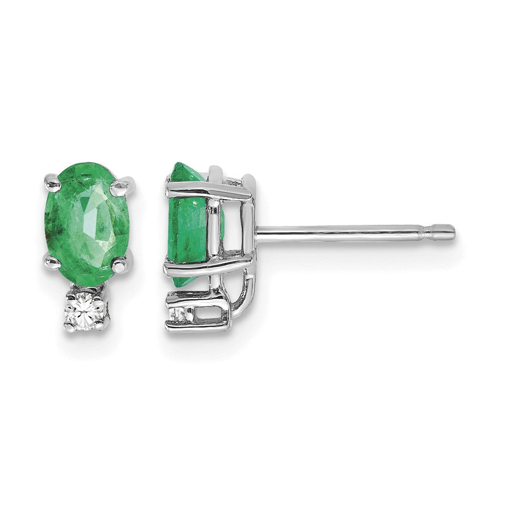 14k White Gold 6x4mm Oval Emerald and AAA Quality Diamond Post Earrings