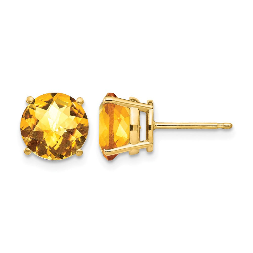 14k 8mm Round Checker-cut Citrine Post Earrings