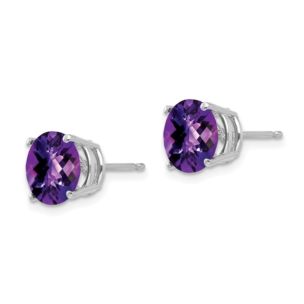 14k White Gold 8mm Round Checker-cut Amethyst Post Earrings