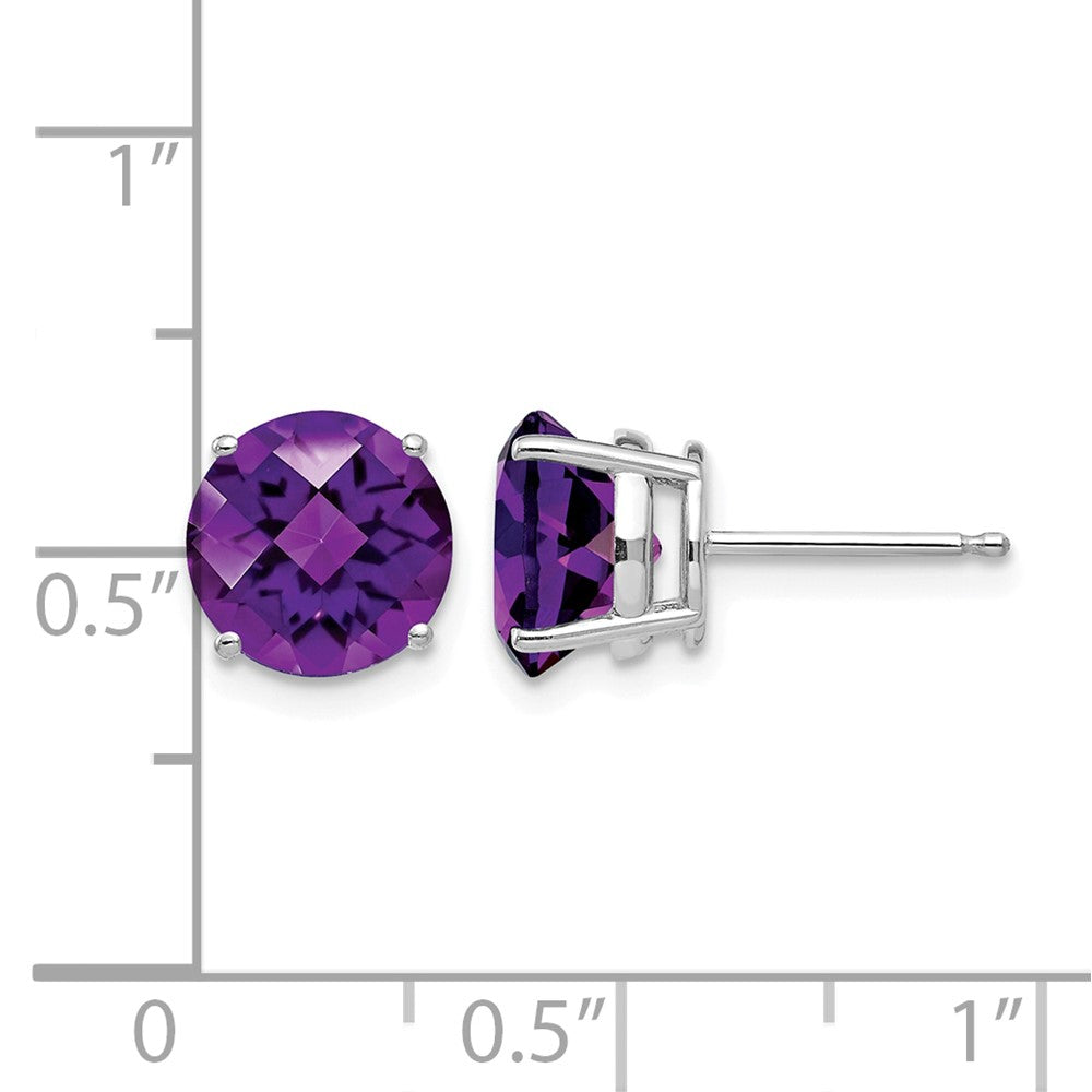 14k White Gold 8mm Round Checker-cut Amethyst Post Earrings
