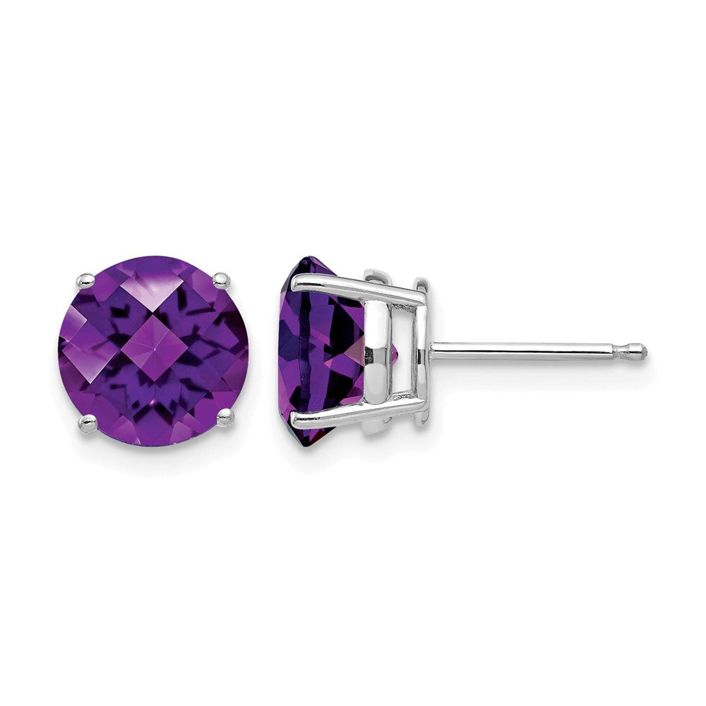 14k White Gold 8mm Round Checker-cut Amethyst Post Earrings