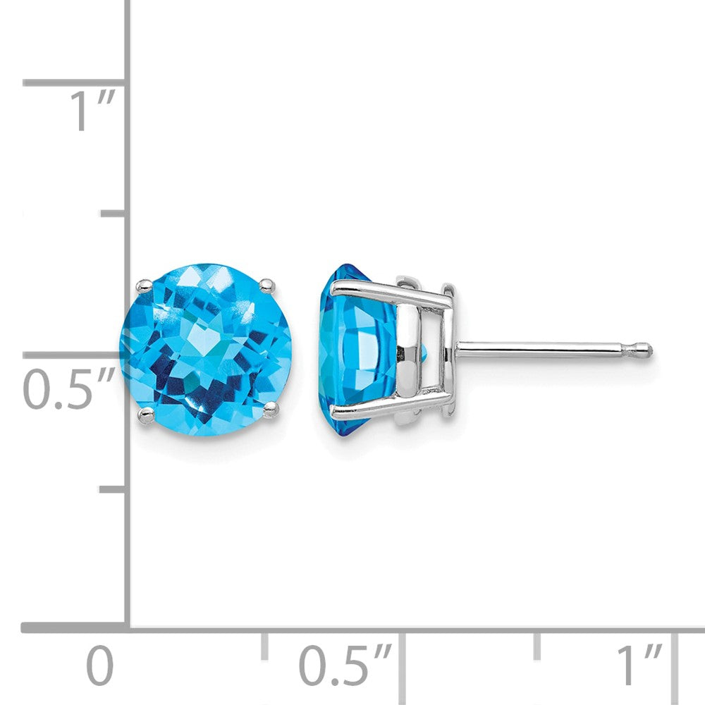 14k White Gold 8mm Round Checker-cut Blue Topaz Post Earrings
