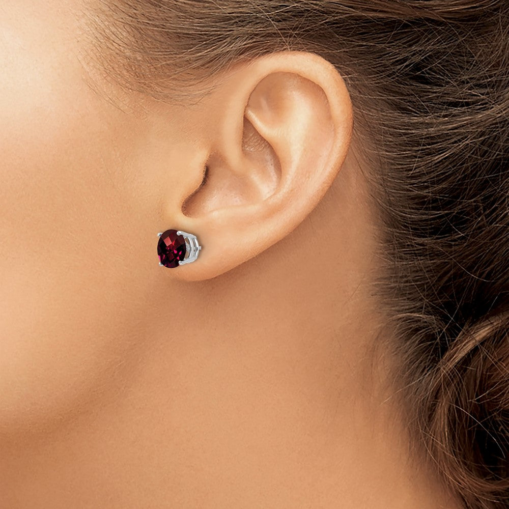 14k White Gold 8mm Round Checker-cut Garnet Post Earrings
