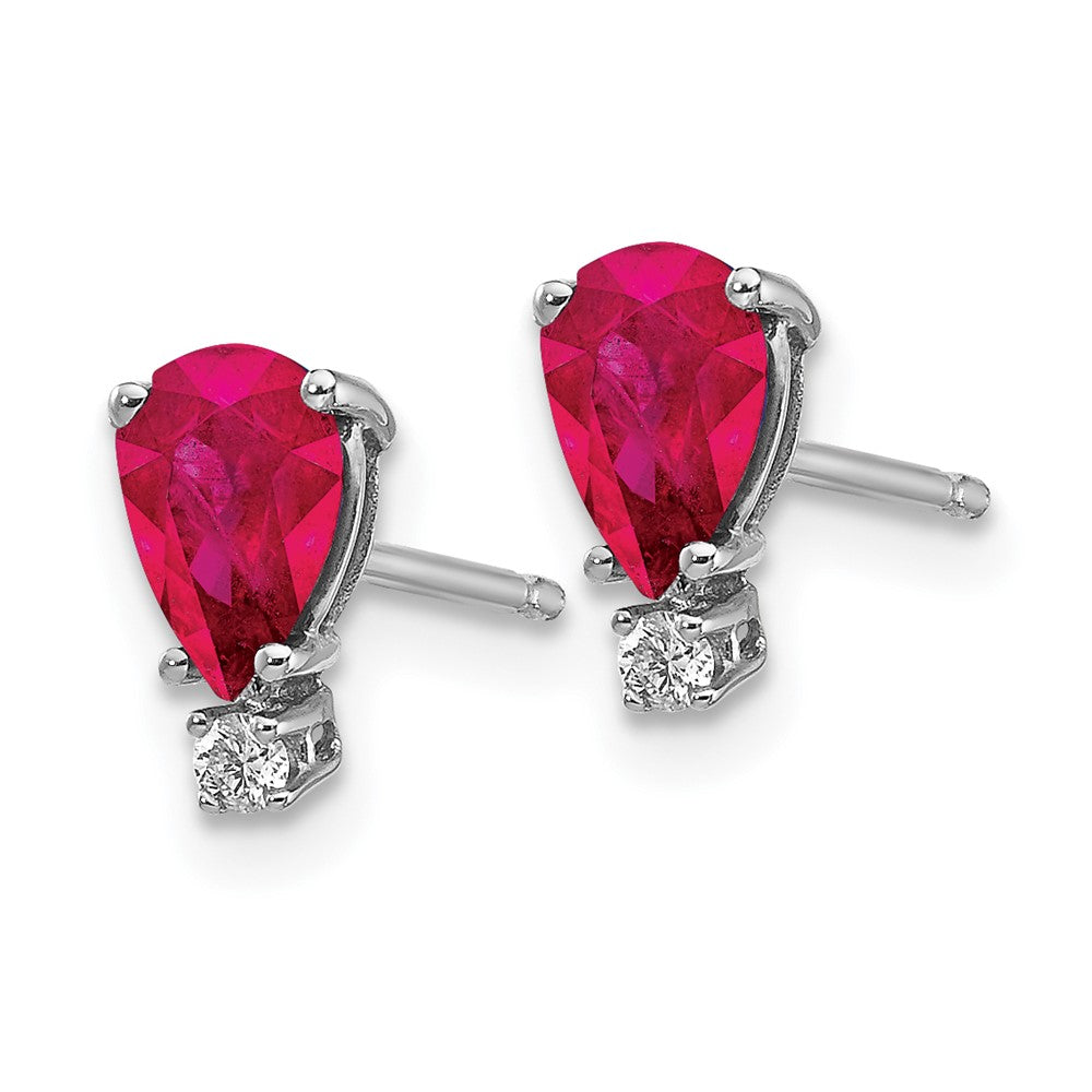 14k White Gold 6x4mm Pear Ruby and AA Quality Diamond Post Earrings