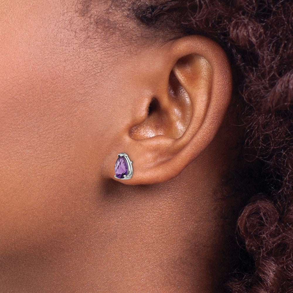 14k White Gold 8x5mm Pear Checker-cut Amethyst Post Earrings