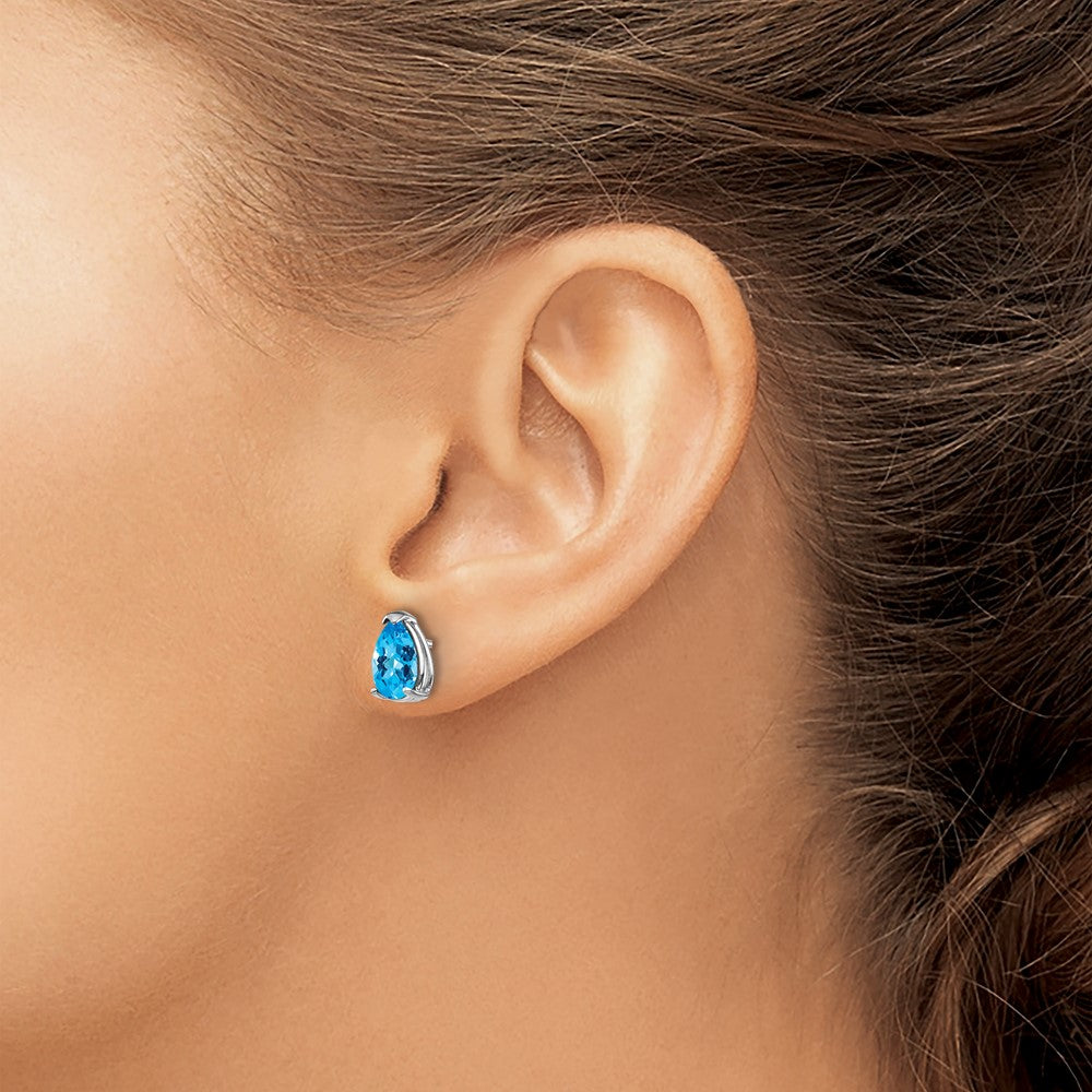 14k White Gold 8x5mm Pear Checker-cut Blue Topaz Post Earrings