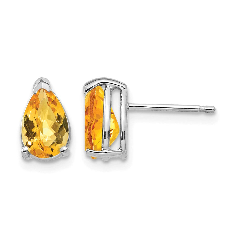 14k White Gold 8x5mm Pear Checker-cut Citrine Post Earrings