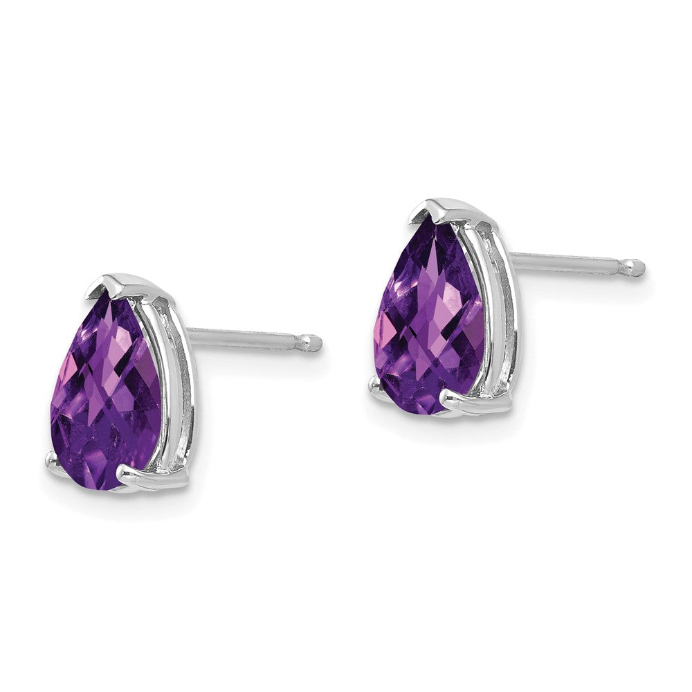 14k White Gold 9x6mm Pear Checker-cut Amethyst Post Earrings
