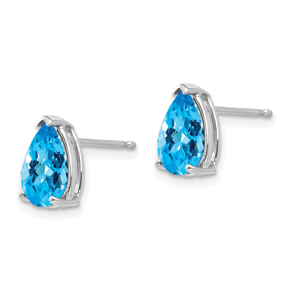 14k White Gold 9x6mm Pear Checker-cut Blue Topaz Post Earrings