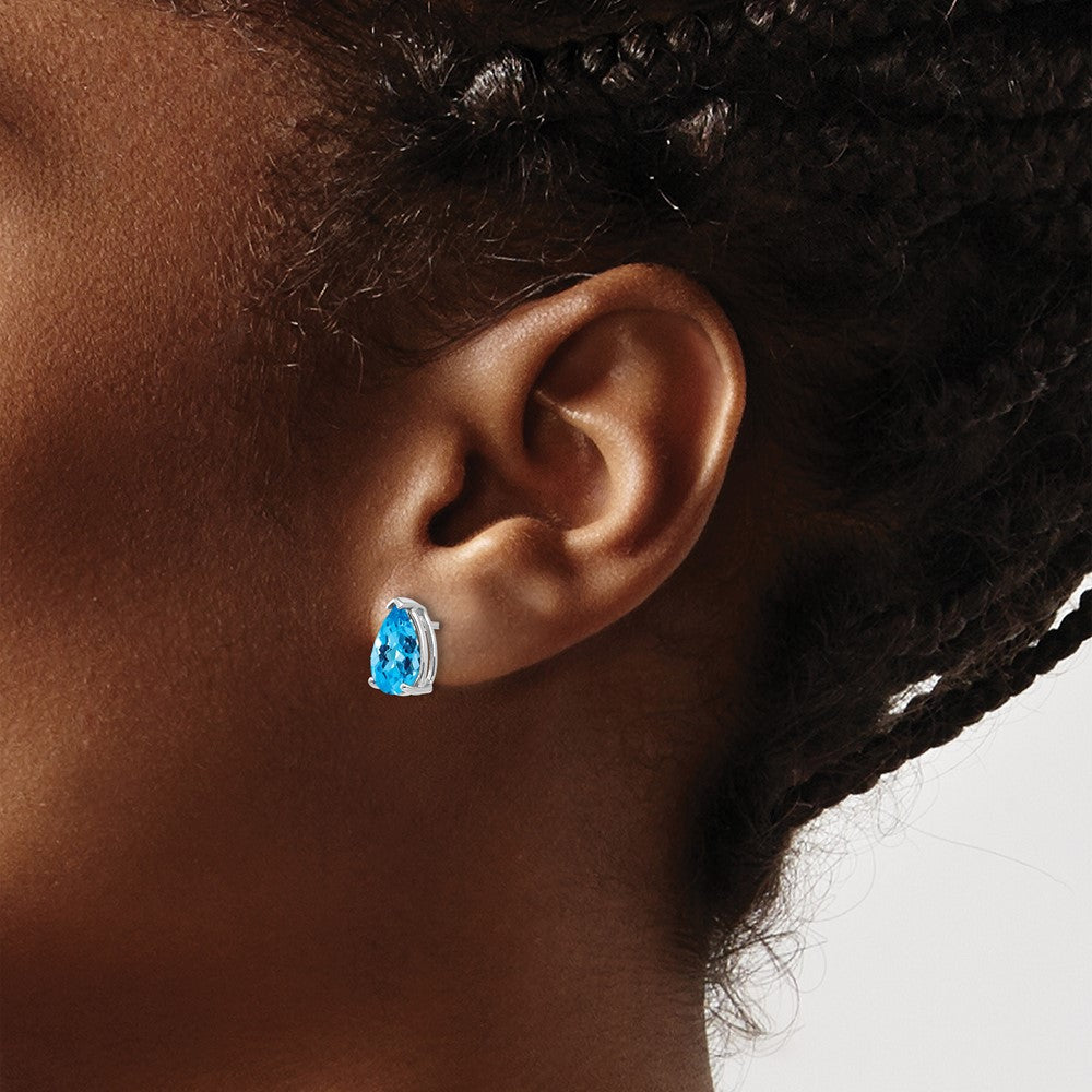 14k White Gold 9x6mm Pear Checker-cut Blue Topaz Post Earrings