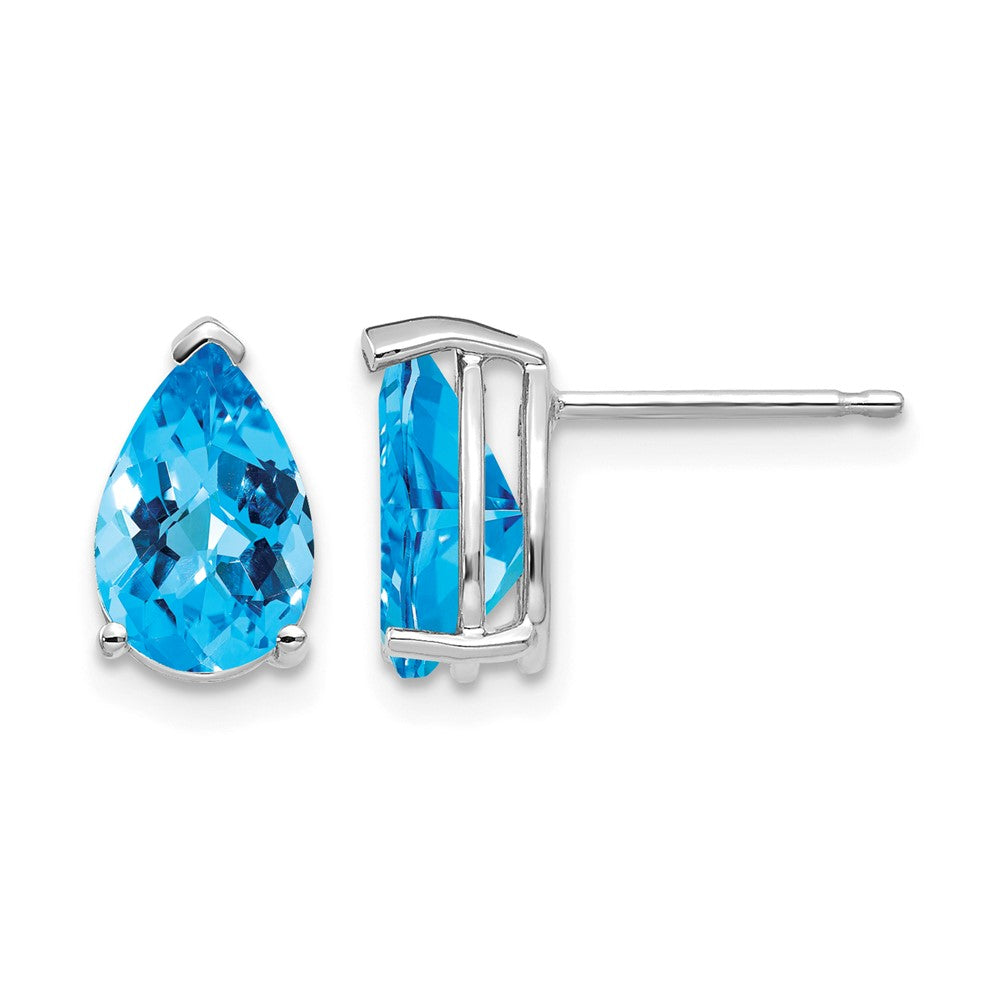 14k White Gold 9x6mm Pear Checker-cut Blue Topaz Post Earrings