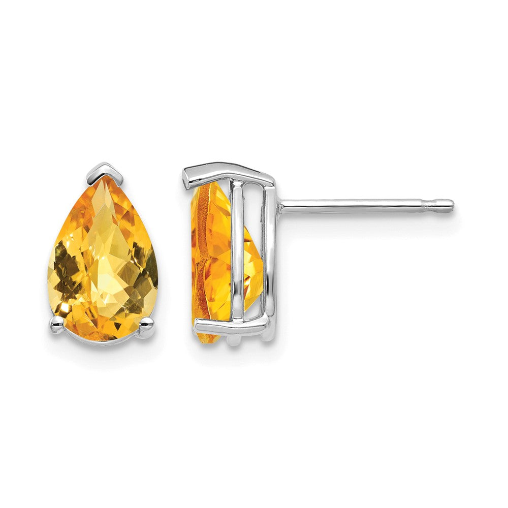 14k White Gold 9x6mm Pear Checker-cut Citrine Post Earrings