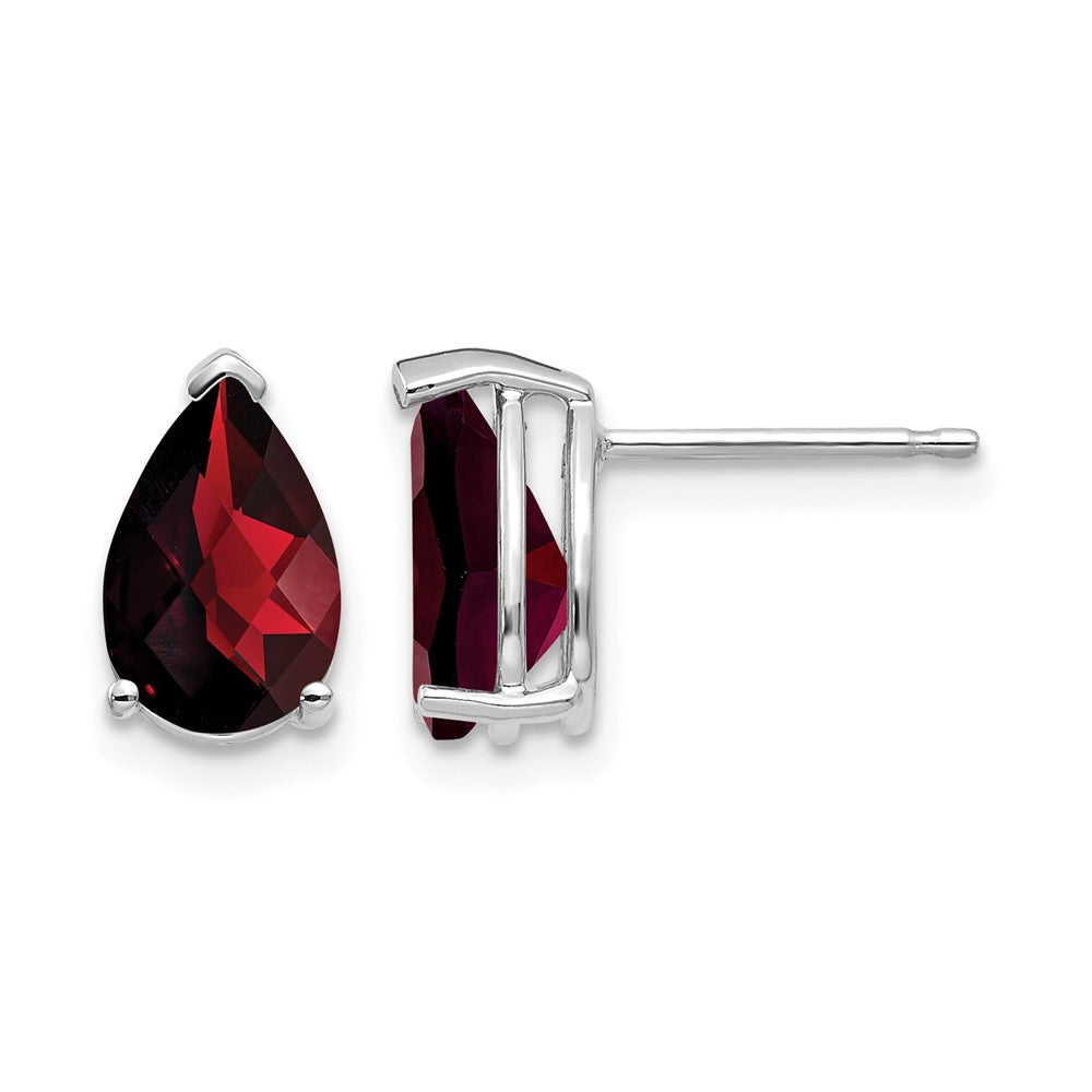 14k White Gold 9x6mm Pear Checker-cut Garnet Post Earrings