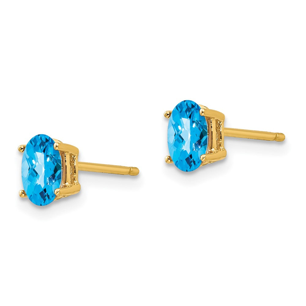 14k 6x4mm Oval Checker-cut Blue Topaz Post Earrings