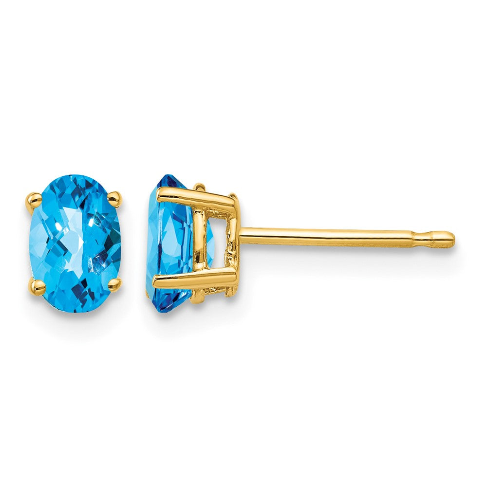 14k 6x4mm Oval Checker-cut Blue Topaz Post Earrings