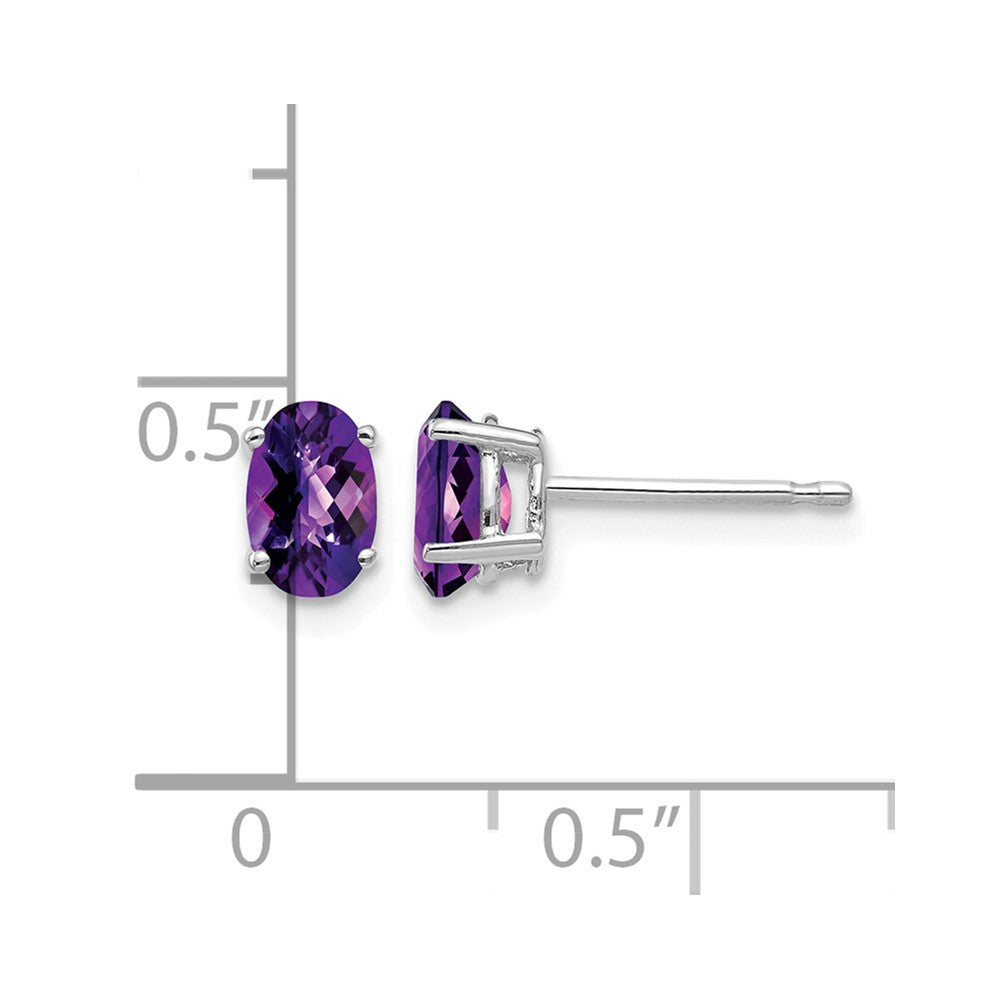 14k White Gold 6x4mm Oval Checker-cut Amethyst Post Earrings