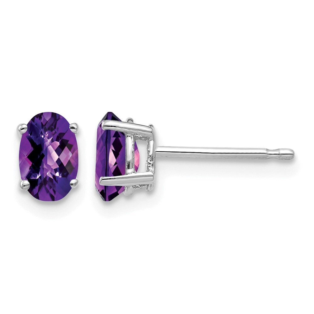 14k White Gold 6x4mm Oval Checker-cut Amethyst Post Earrings