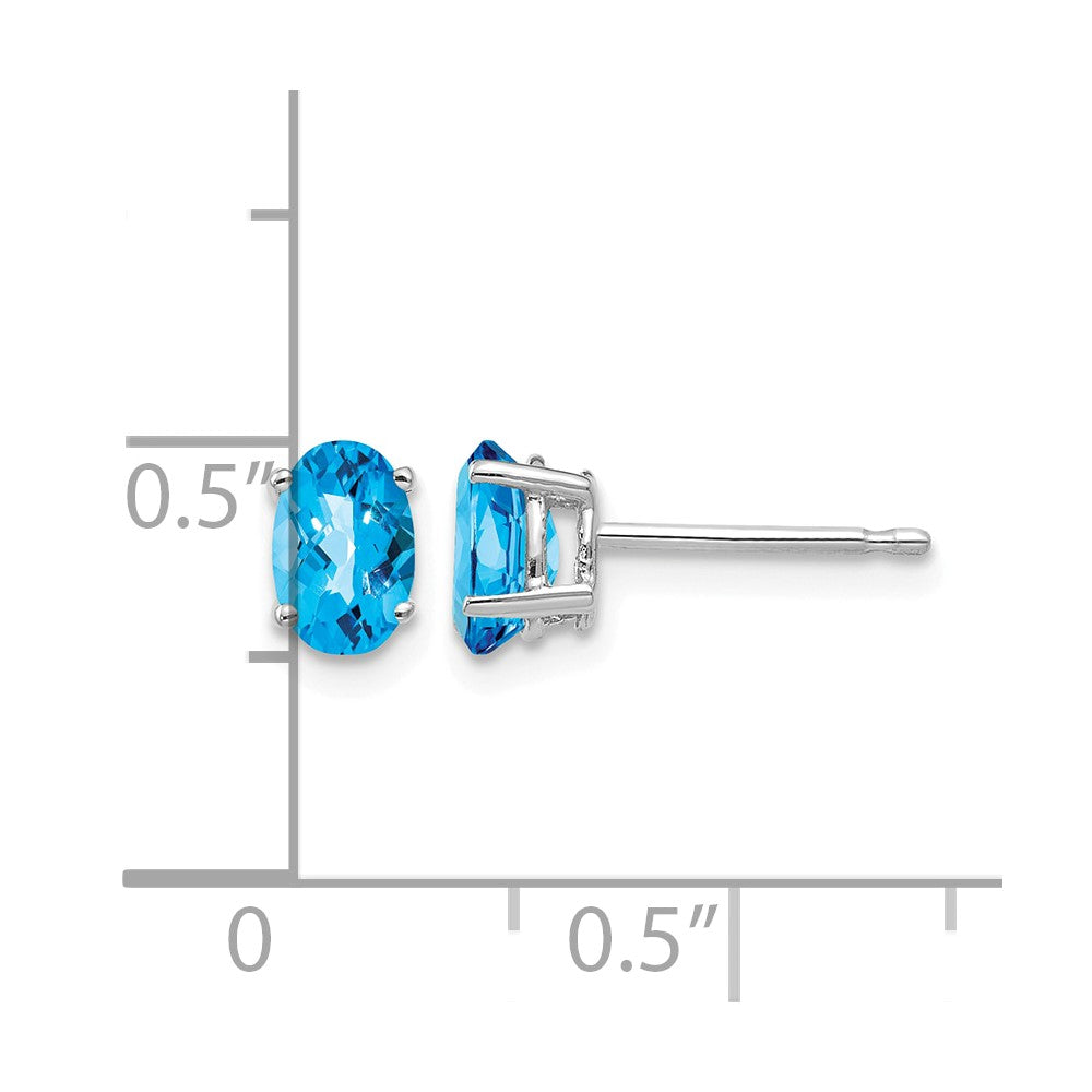 14k White Gold 6x4mm Oval Checker-cut Blue Topaz Post Earrings