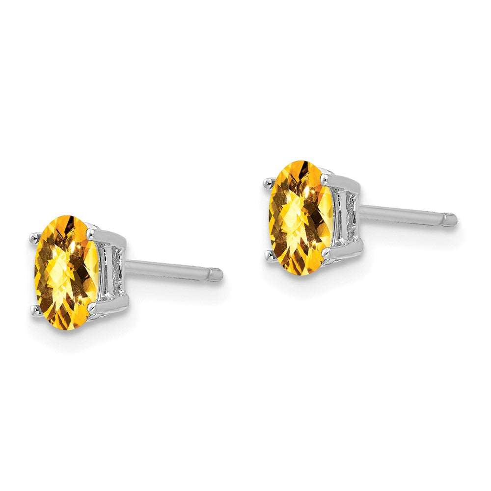14k White Gold 6x4mm Oval Checker-cut Citrine Post Earrings