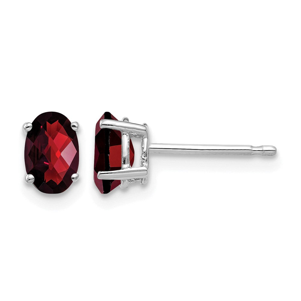 14k White Gold 6x4mm Oval Checker-cut Garnet Post Earrings