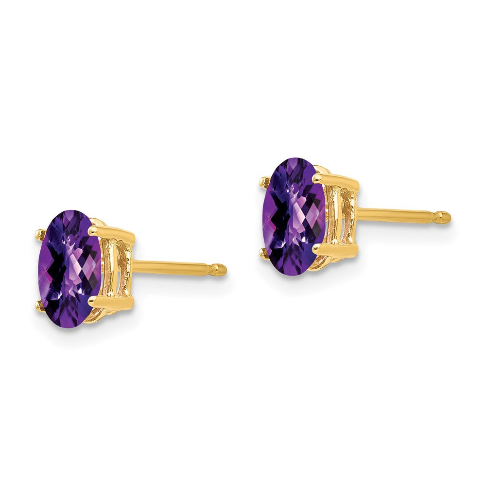 14k 7x5mm Oval Checker-cut Amethyst Post Earrings