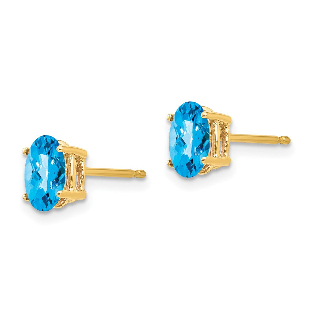 14k 7x5mm Oval Checker-cut Blue Topaz Post Earrings