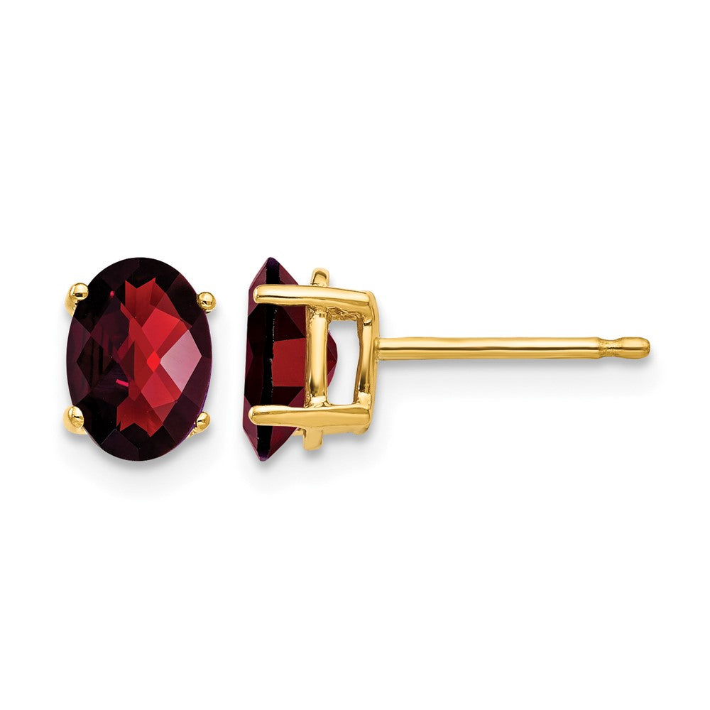14k 7x5mm Oval Checker-cut Garnet Post Earrings