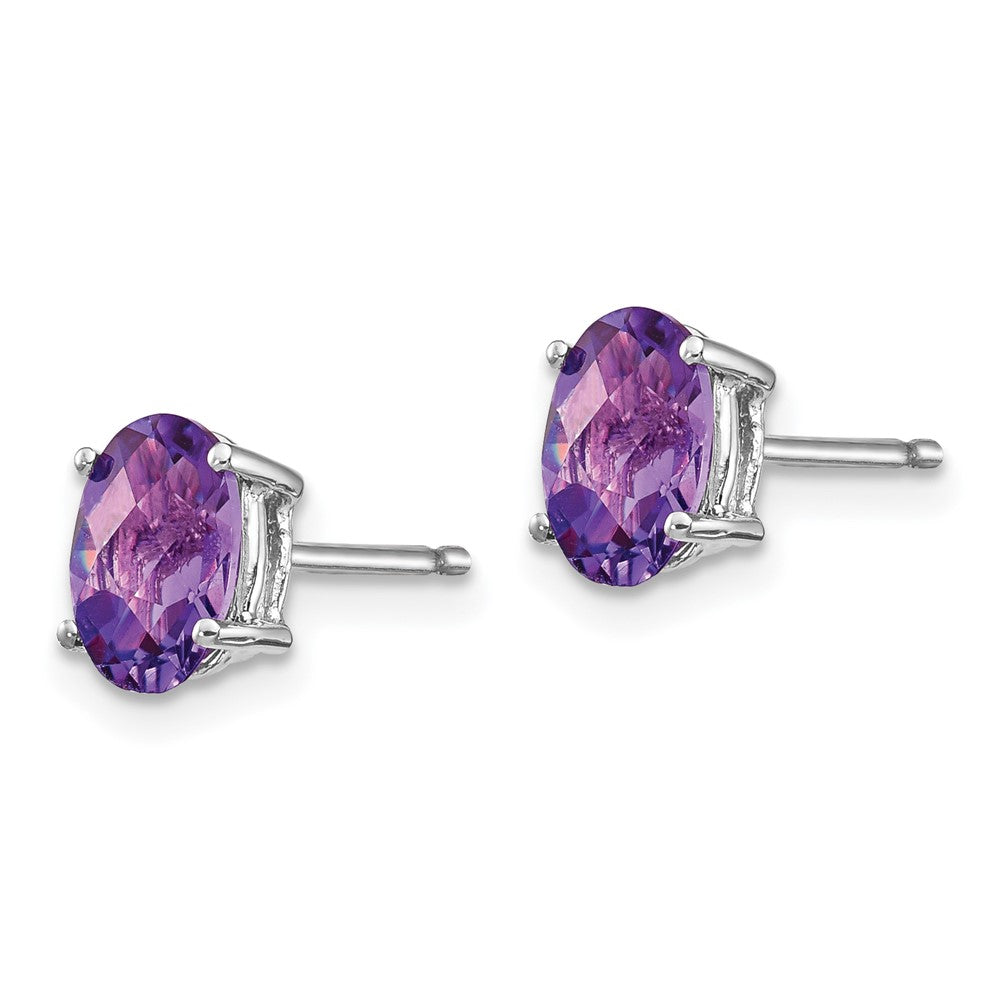 14k White Gold 7x5mm Oval Checker-cut Amethyst Post Earrings