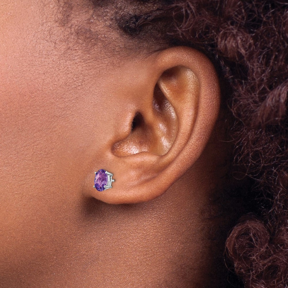 14k White Gold 7x5mm Oval Checker-cut Amethyst Post Earrings