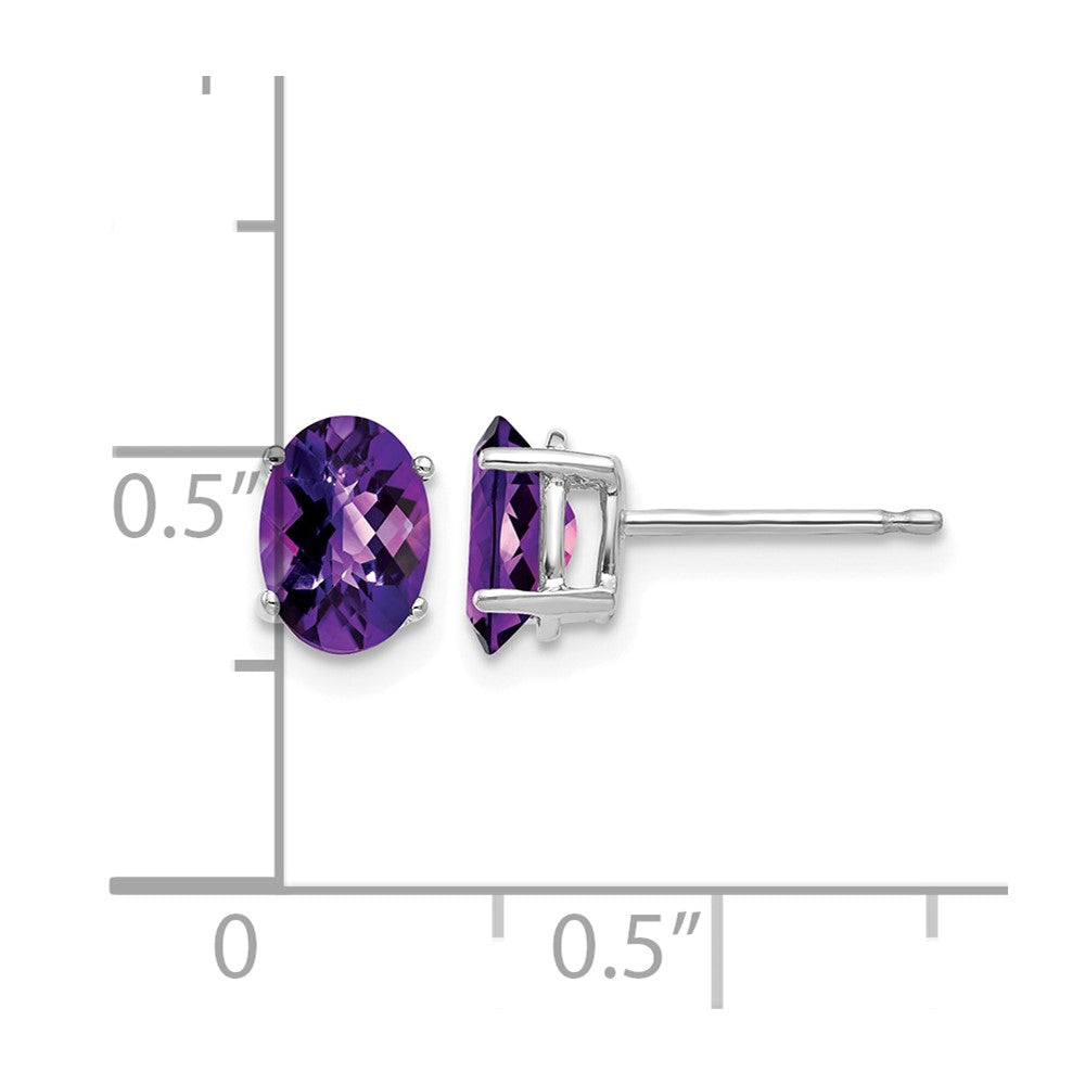 14k White Gold 7x5mm Oval Checker-cut Amethyst Post Earrings