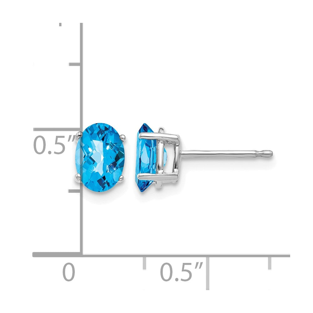 14k White Gold 7x5mm Oval Checker-cut Blue Topaz Post Earrings