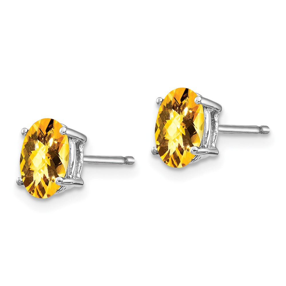 14k White Gold 7x5mm Oval Checker-cut Citrine Post Earrings