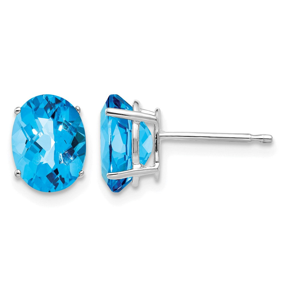 14k White Gold 8x6mm Oval Checker-cut Blue Topaz Post Earrings